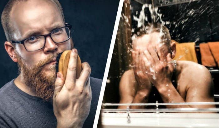 two panel with man using beard brush and man using beard scrub